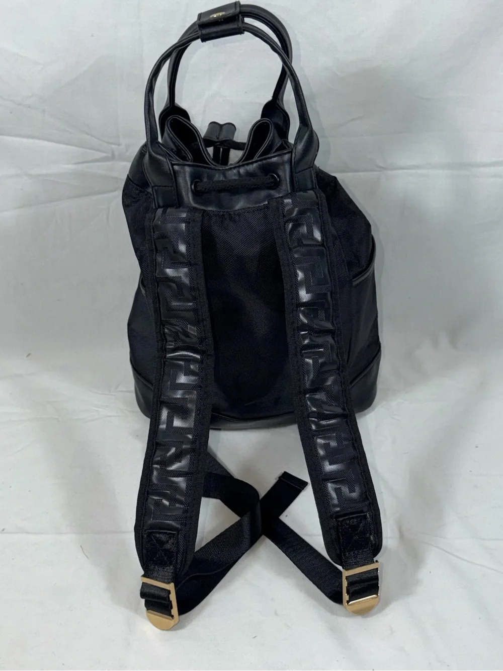 Versace Parfums Black Nylon Backpack Gold Logo NWOT Cinch Drawstring Travel Bag